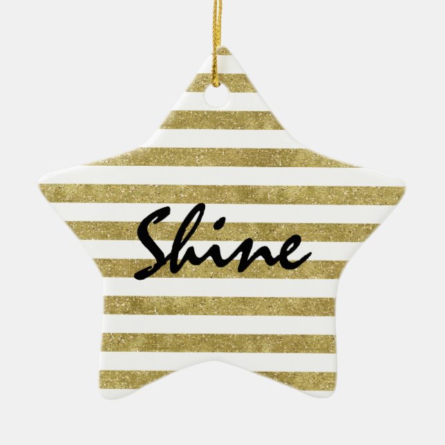 Faux Glittery Gold Stripes Shine Ceramic Tree Decoration (Front)