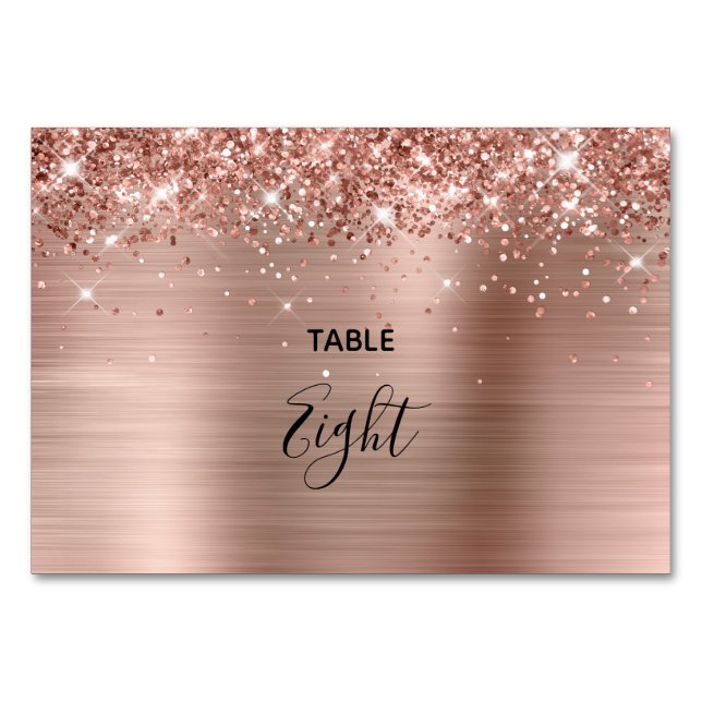 Faux Glittery Rose Gold Foil Wedding Table Number (Front)