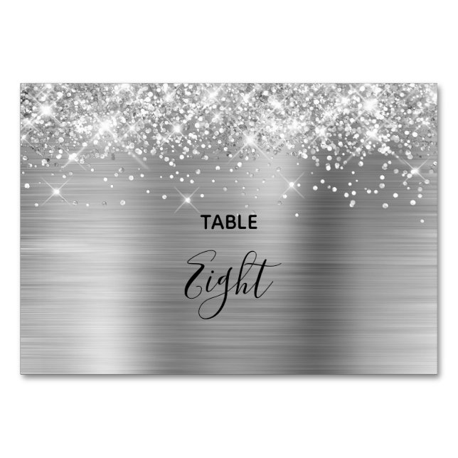 Faux Glittery Silver Foil Wedding Table Number (Front)