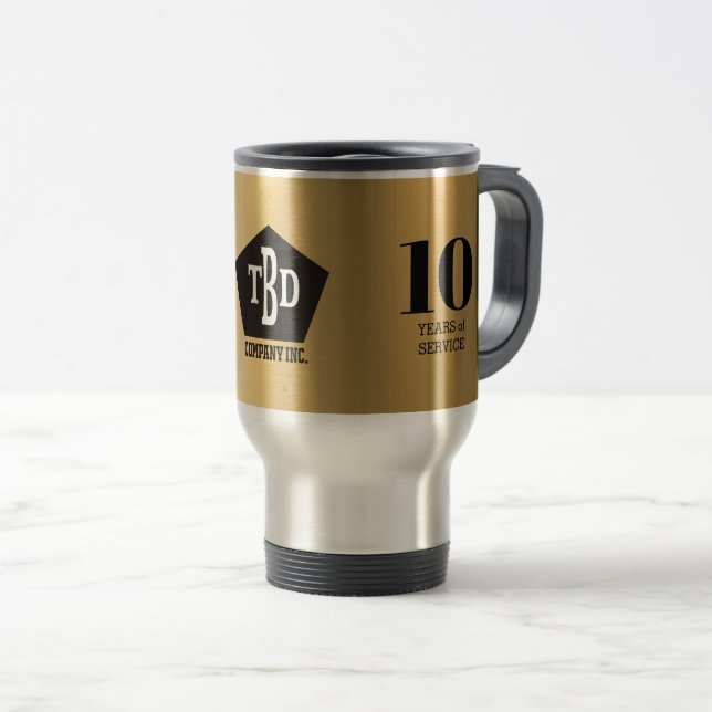 Faux gold 10 year employee milestone anniversary travel mug (Front Right)