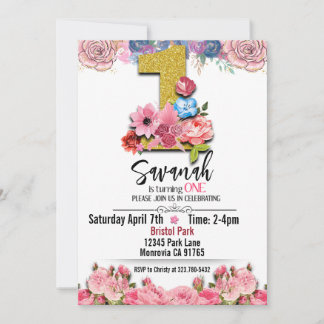 faux Gold 1st Birthday floral Invitation