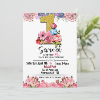 faux Gold 1st Birthday floral Invitation