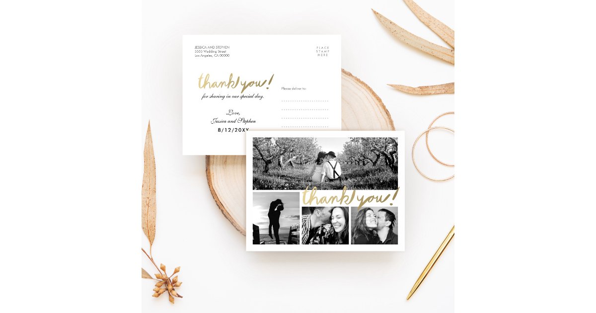 Faux Gold 4 Photo Collage Thank You Postcard | Zazzle