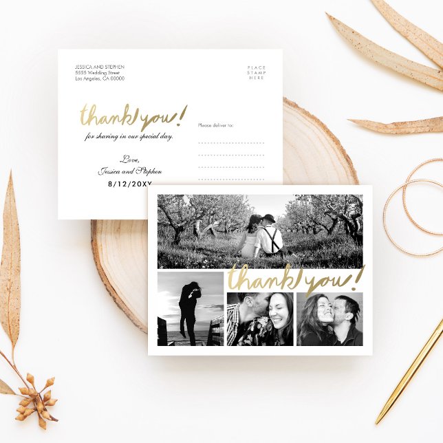 Faux Gold 4 Photo Collage Thank You Postcard (Creator Uploaded)