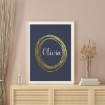 Faux Gold Abstract Circle Design with Name Poster<br><div class="desc">An abstract scribble circle design in faux gold on an indigo blue background personalised with your name in pretty brush lettering. Just click customise to change the background colour. Contact me with any questions or requests.</div>