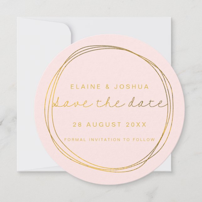 Faux Gold Abstract Scribble Circle  Blush & Gold Save The Date (Front)