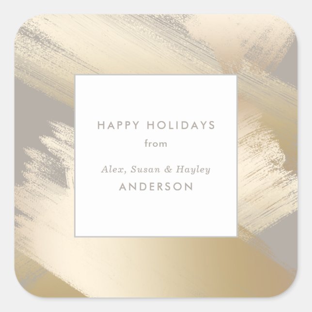 Faux Gold Abstract Swashes on Taupe Square Sticker (Front)