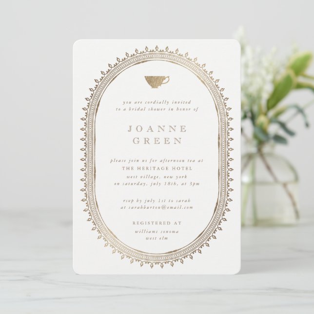 Faux Gold Afternoon Tea Bridal/Wedding Shower Invitation (Standing Front)