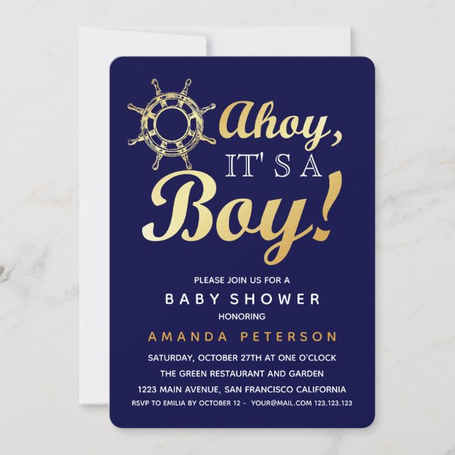 Faux Gold Ahoy it's a boy nautical baby shower Invitation (Front)
