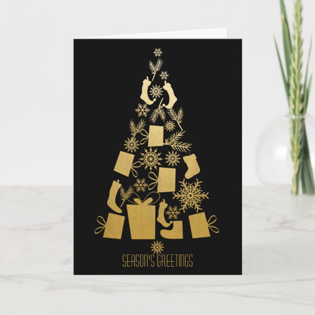 Faux Gold and Black Modern Christmas Tree Holiday Card (Front)