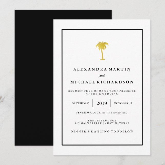 Faux Gold and Black Palm Tree | Glam Wedding Invitation (Front/Back)