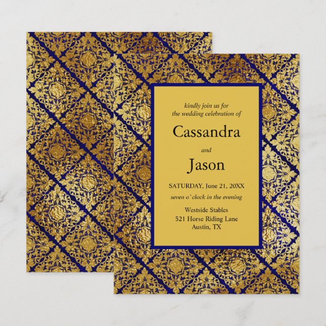 Faux Gold and Blue Wedding Invitation (Front/Back)