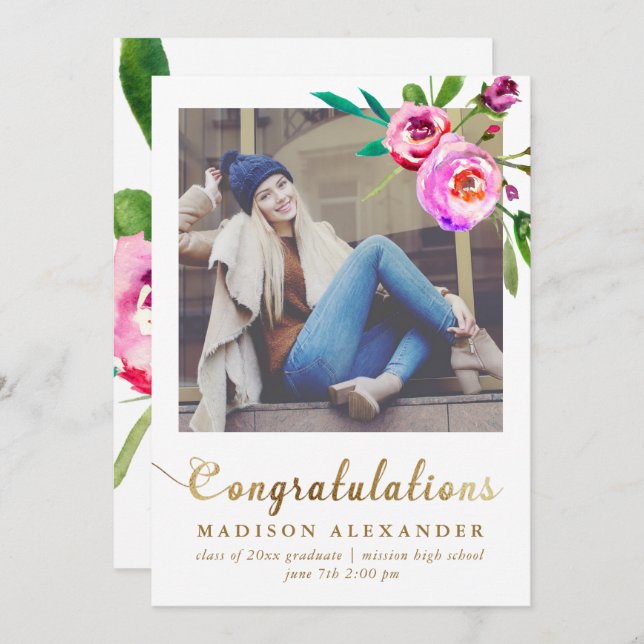 Faux Gold and Floral Graduation Announcement Photo (Front/Back)