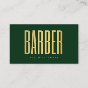 Faux Gold And Green Barber Hair Salon Minimalist   Business Card