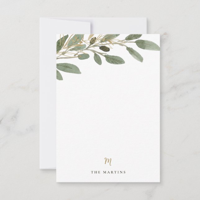 Faux Gold and Olive Leaves | Wedding Monogram Card (Front)