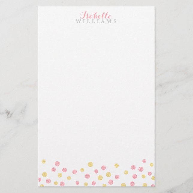 Faux Gold and Pink Glitter Confetti Dots Stationery (Front)