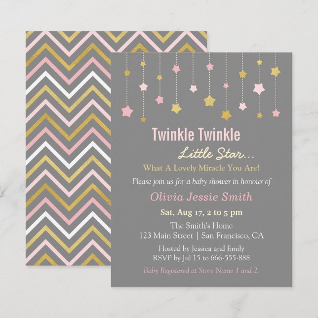 Faux Gold and Pink Twinkle Little Star Baby Shower Invitation (Front/Back)