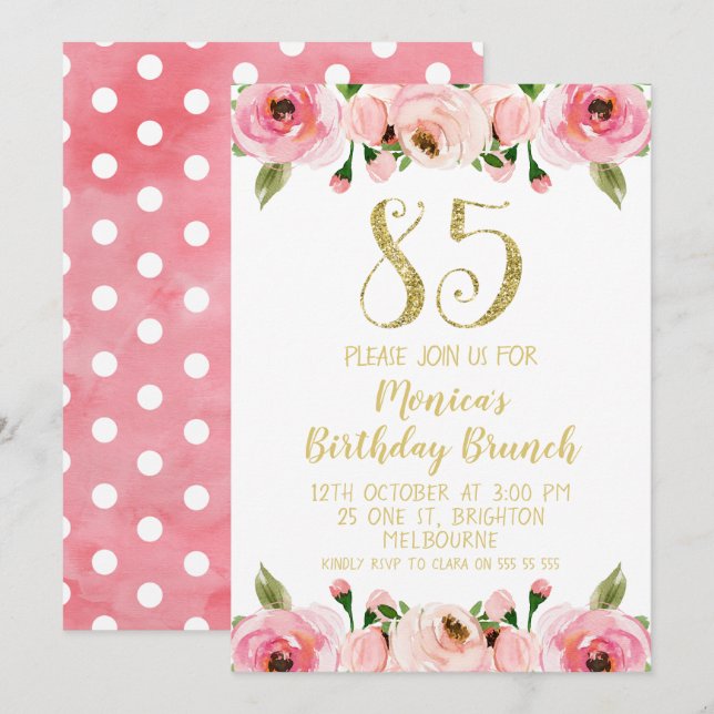 Faux Gold And Roses 85th Birthday Party Invitation (Front/Back)