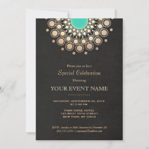 Faux Gold and Turquoise Circle Mandala Black Invitation