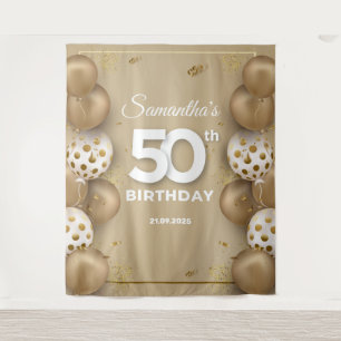 Faux gold and white balloons 50th birthday tapestry