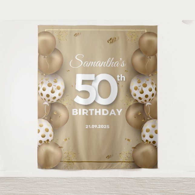 Faux gold and white balloons 50th birthday tapestry (Front)