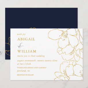 Faux Gold and White Floral Navy Wedding Invitation