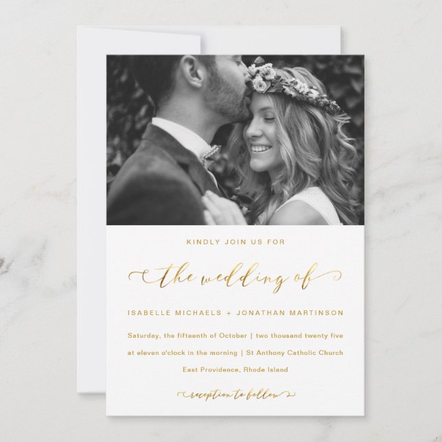 Faux Gold and White Wedding Calligraphy and Photo Invitation (Front)