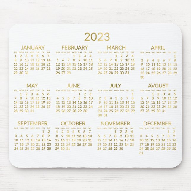 Faux Gold And White Yearly Calendar 2023 Mouse Mat (Front)