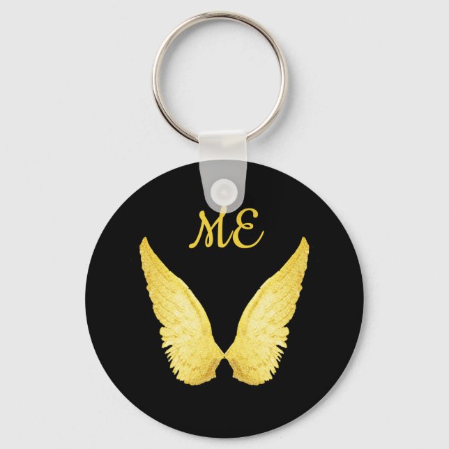 Faux gold angel wings on black with monogram key ring (Front)