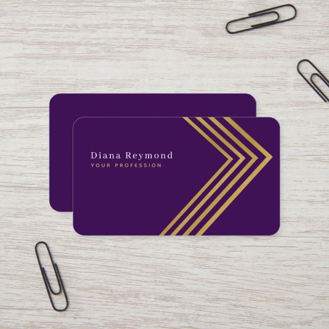 Faux Gold Angle Stripes Modern Purple Business Card (Front/Back In Situ)