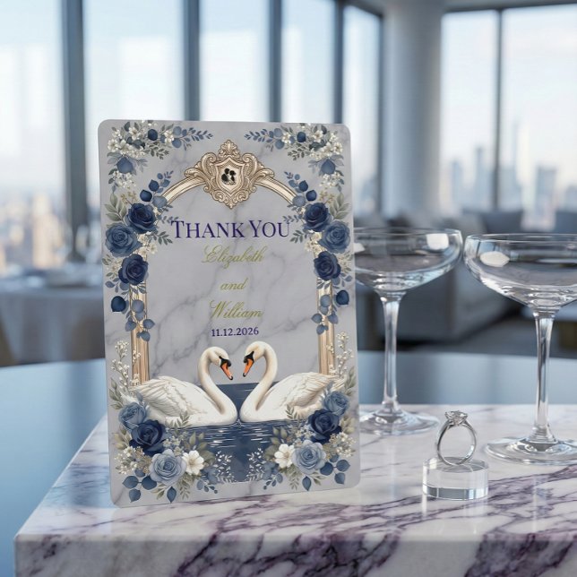 Faux Gold Arch Navy Blue Swan Marble Effect Thank You Card (Creator Uploaded)