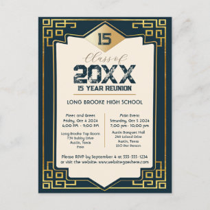  Faux Gold Art Deco 15 Year High School Reunion Postcard