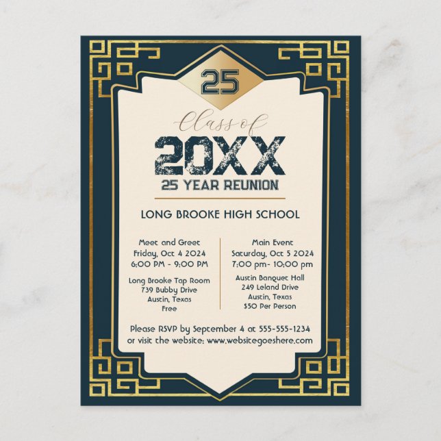  Faux Gold Art Deco 25 Year High School Reunion Postcard (Front)