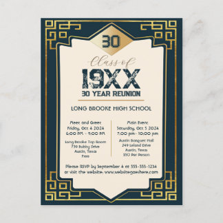  Faux Gold Art Deco 30 Year High School Reunion Postcard