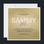 Faux Gold Bat Mitzvah Invitation<br><div class="desc">This square bat mitzvah party invitation features your name set in a bold modern font with with your middle name in trendy handwritten script typography over a faux gold background. The invite card reverses to a complimentary solid charcoal grey. A cute yet simple choice for your girl's stylish party. To...</div>