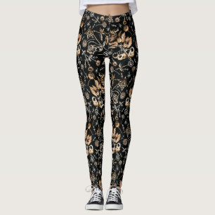 Faux Gold Beetles Flowers Leaves Cherry Fruits Leggings