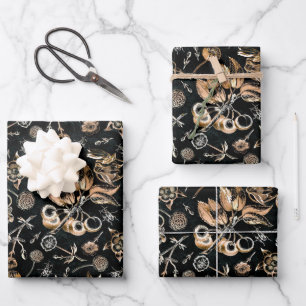 Faux Gold Beetles Flowers Leaves Cherry Fruits Wrapping Paper Sheet