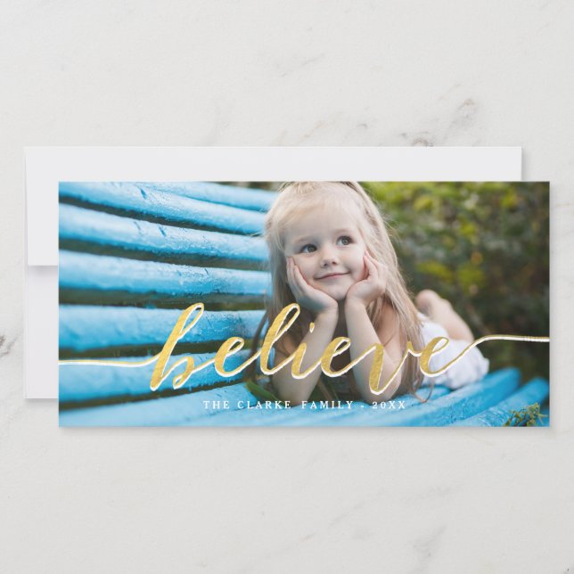 Faux Gold Believe | Holiday Photo Card (Front)