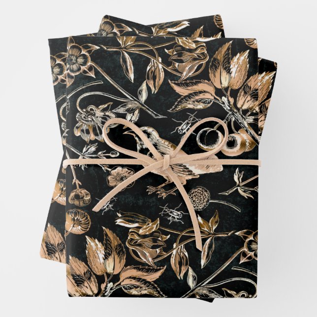 Faux Gold Birds Beetles Flowers Cherry Fruits  Wrapping Paper Sheet (In situ)