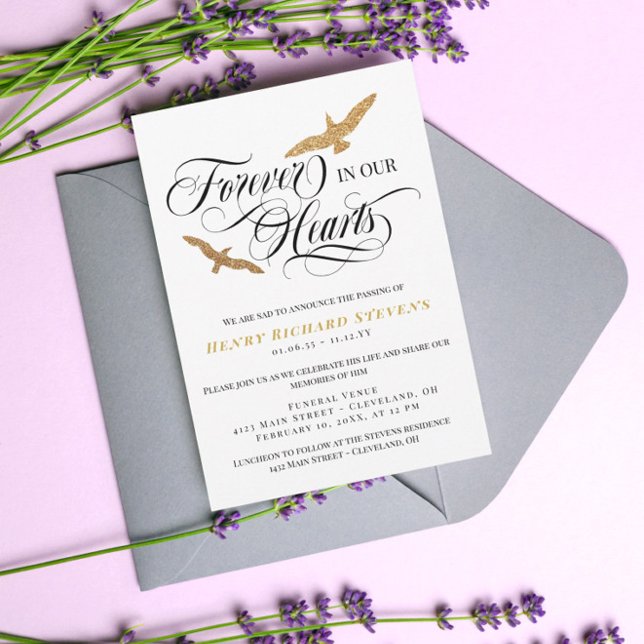 Faux Gold Birds Forever In Our Hearts Funeral Invitation (Creator Uploaded)