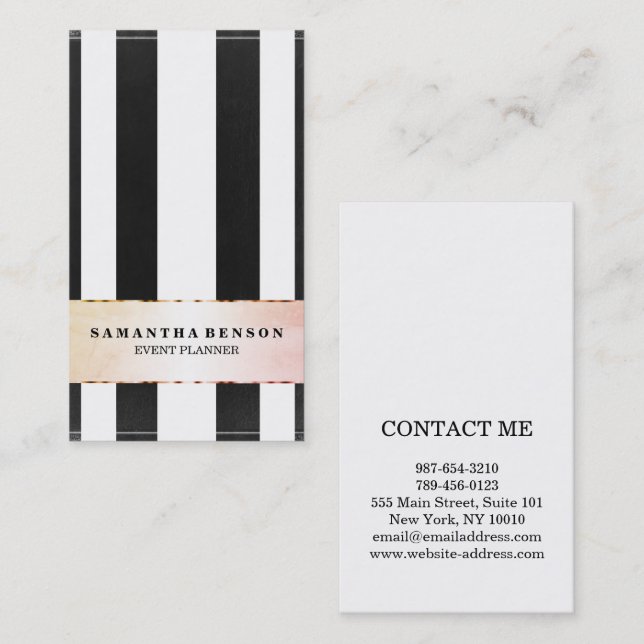 Faux Gold Black and White Stripes Vertical Business Card (Front/Back)