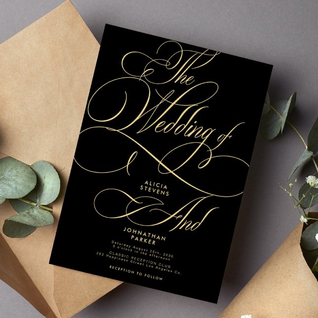 Faux gold black elegant classic script wedding invitation (Creator Uploaded)