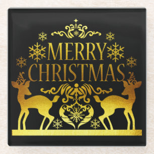 Faux Gold Black Merry Christmas Glass Coaster
