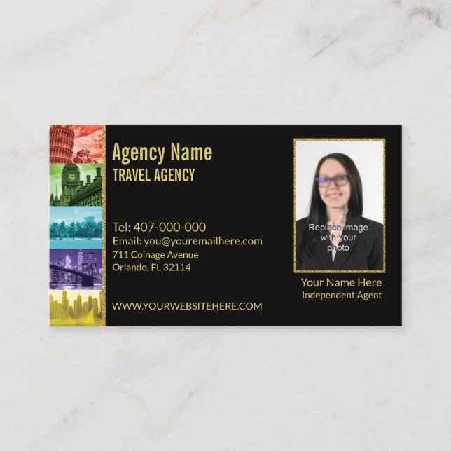 faux gold black own photo  travel agent business card (Front)