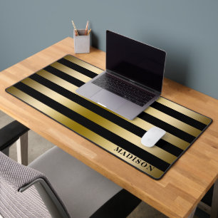 Faux Gold & Black Stripes Geometric Pattern Desk Mat