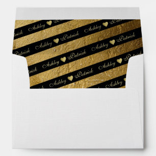 faux gold & black, stripes & love hearts, wedding envelope