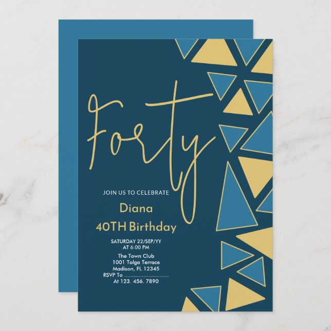 Faux Gold & Blue Birthday Invitation (Front/Back)