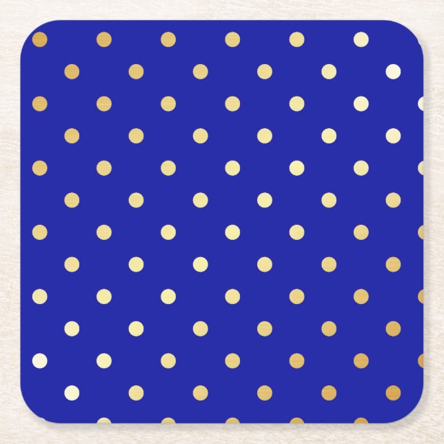 faux gold blue polka dots square paper coaster (Front)