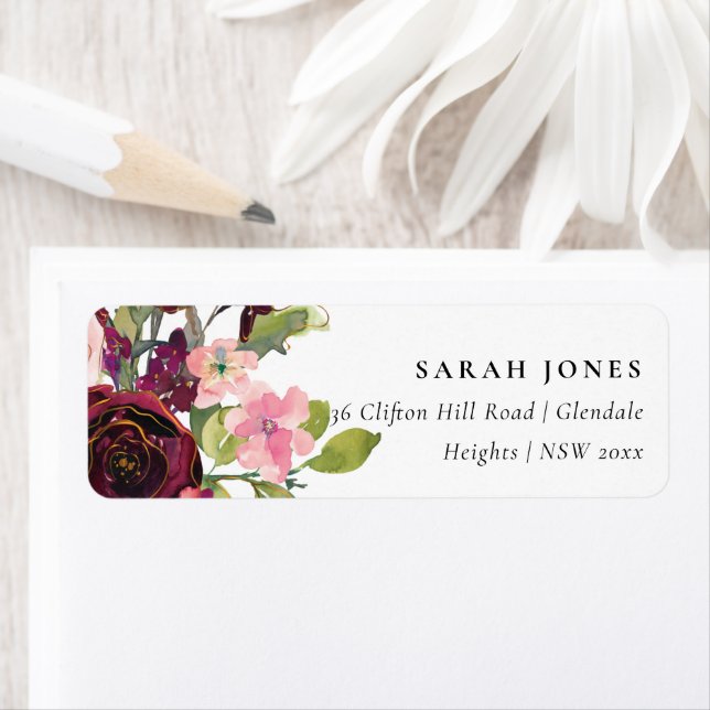 FAUX GOLD BLUSH BURGUNDY ROSE FLORAL ADDRESS LABEL (Insitu)