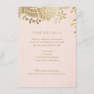Faux gold blush elegant lace wedding details card